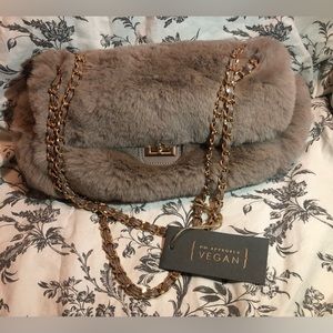 Vegan Faux Fur Chain Shoulder Bag - Brown